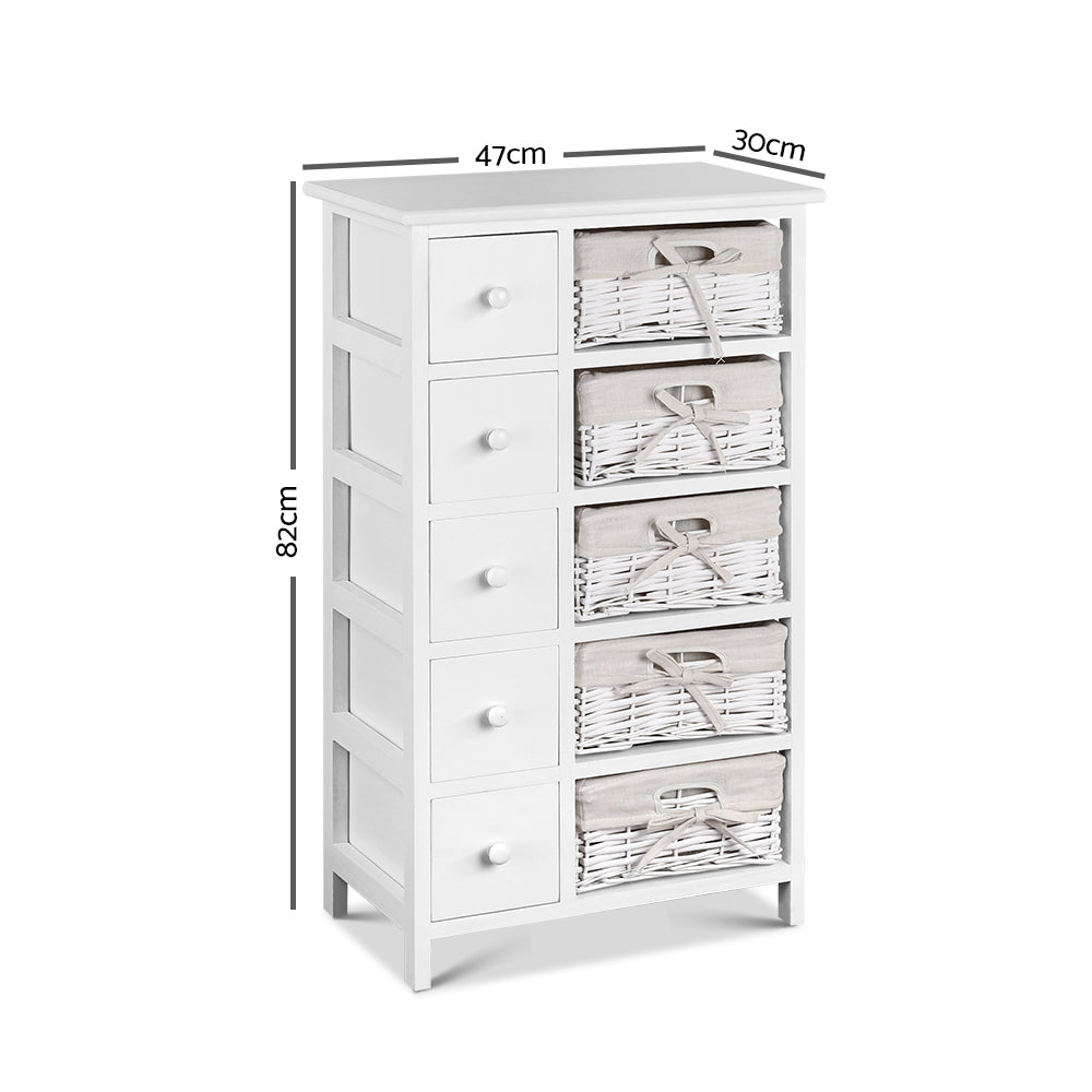 5 Basket Storage Drawers - White tallboy with wooden frame and wicker basket drawers for bedroom furniture by Bedzy.