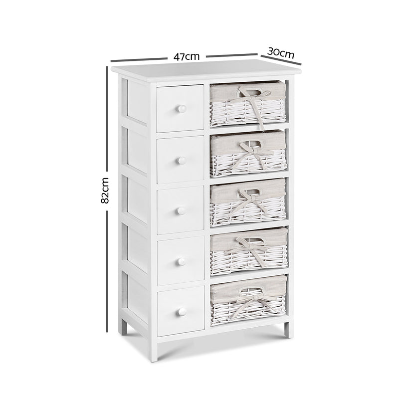 5 Basket Storage Drawers - White tallboy with wooden frame and wicker basket drawers for bedroom furniture by Bedzy.