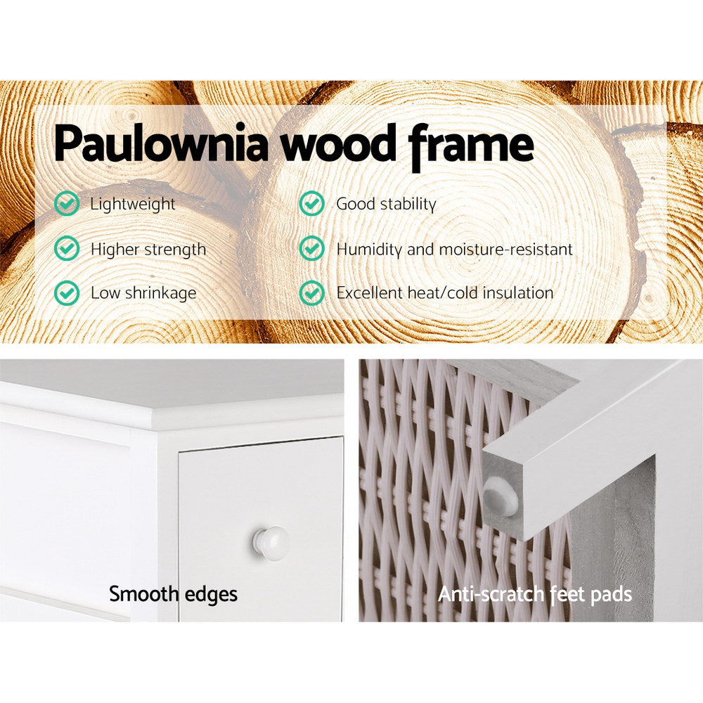 5 Basket Storage Drawers - White cabinet with Paulownia wood frame, smooth edges, and anti-scratch feet pads close-up details