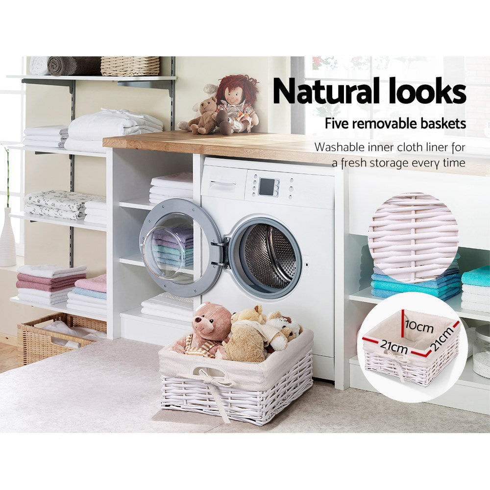 5 Basket Storage Drawers - White with removable baskets and washable liners in a bright laundry room setting