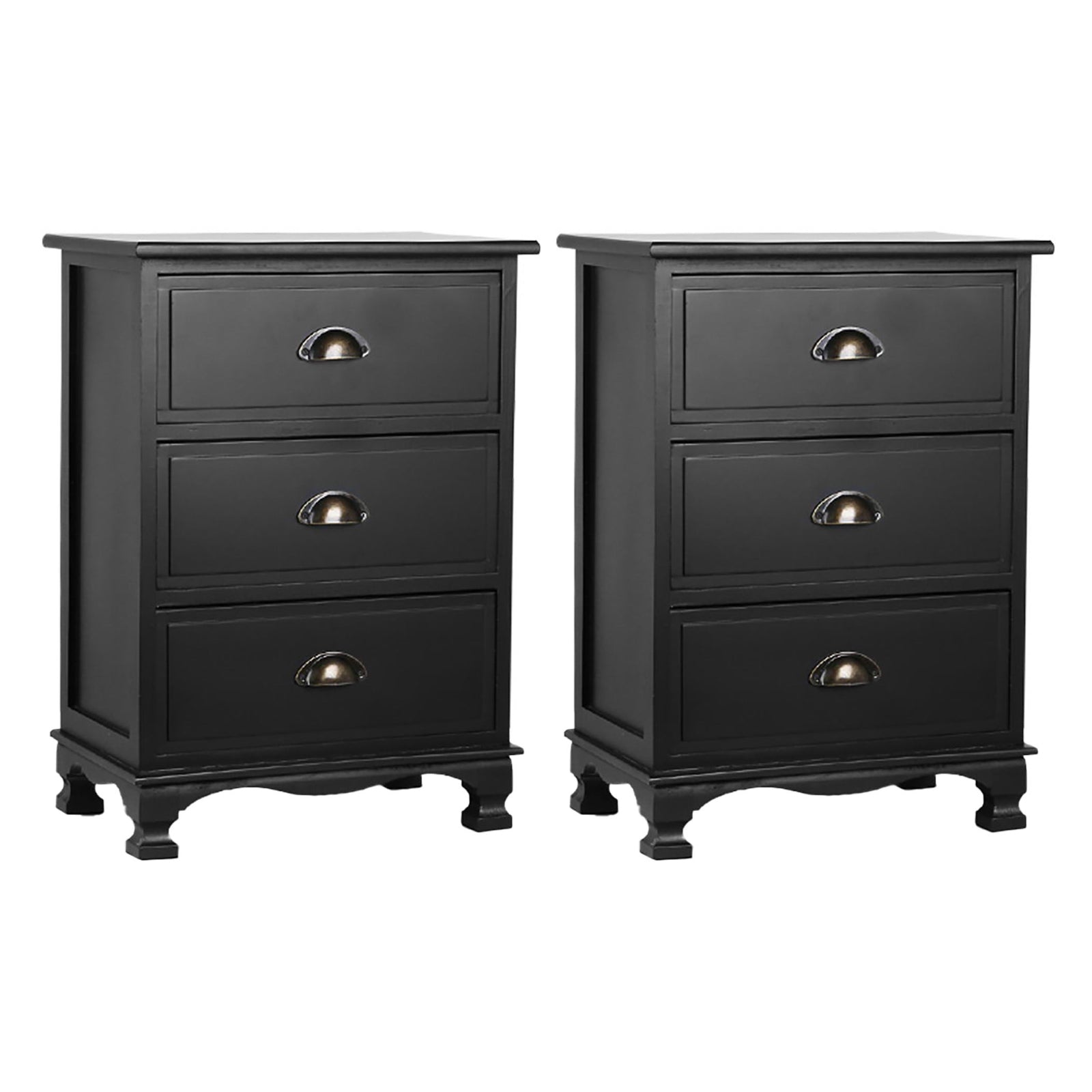 2x Bedside Table 3 Drawers Vintage - THYME Black twin pack with curved legs and metal handles, ideal bedroom furniture storage