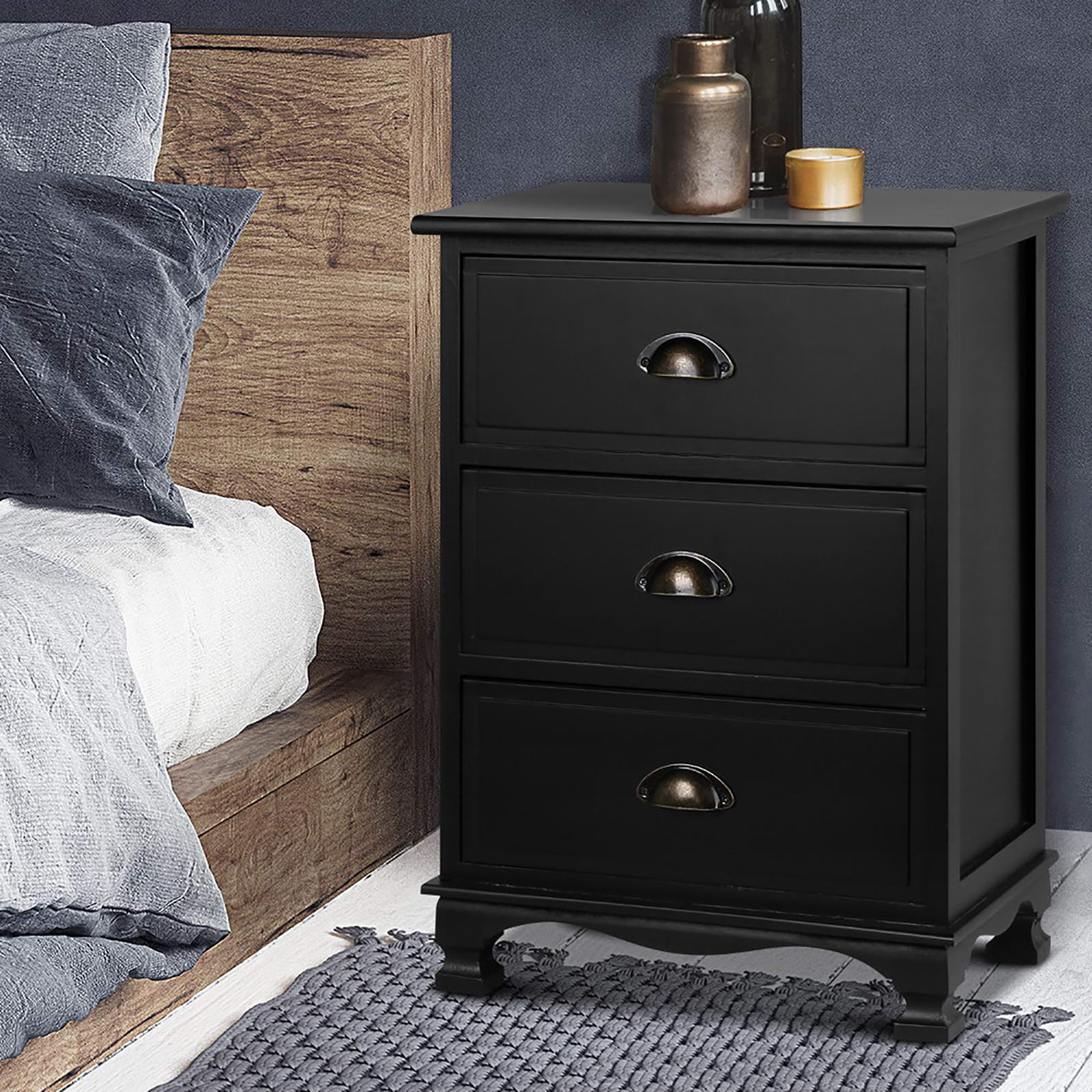 2x Bedside Table 3 Drawers Vintage - THYME Black with metal handles, classic design, shown beside wooden bed frame in bedroom setting