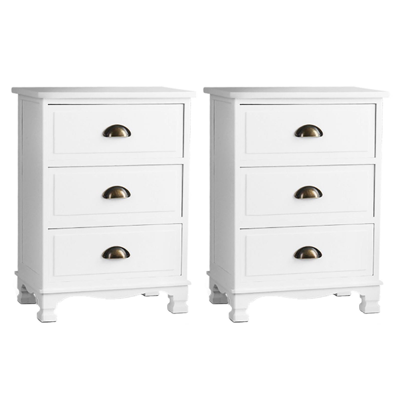 2x Bedside Table 3 Drawers Vintage - THYME White with curved accents and vintage metal handles, twin pack bedroom furniture