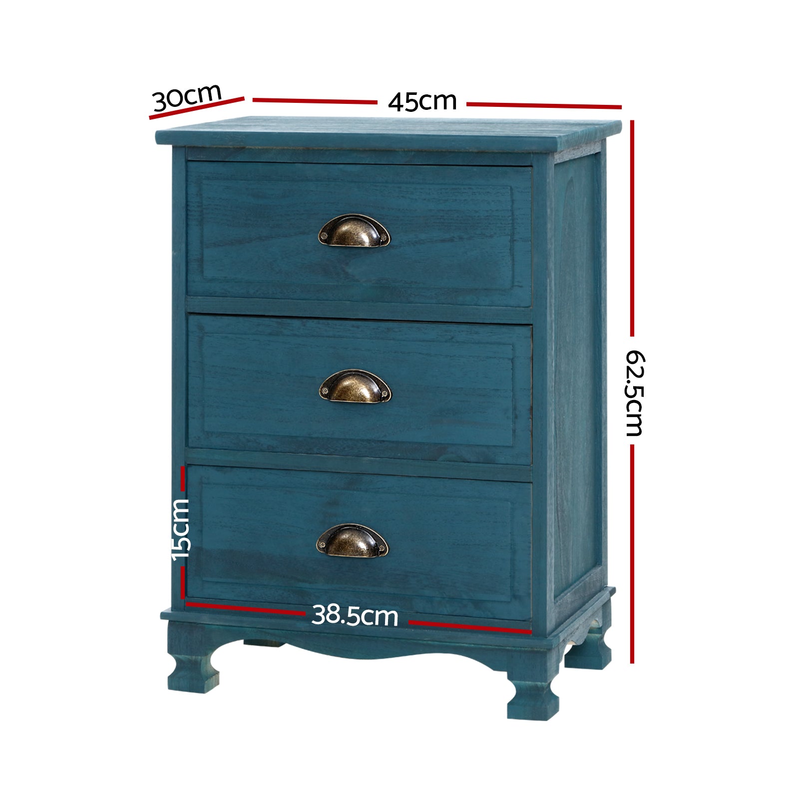 2x Bedside Table 3 Drawers Vintage - THYME Blue with three drawers, vintage handles, and curved legs in blue finish