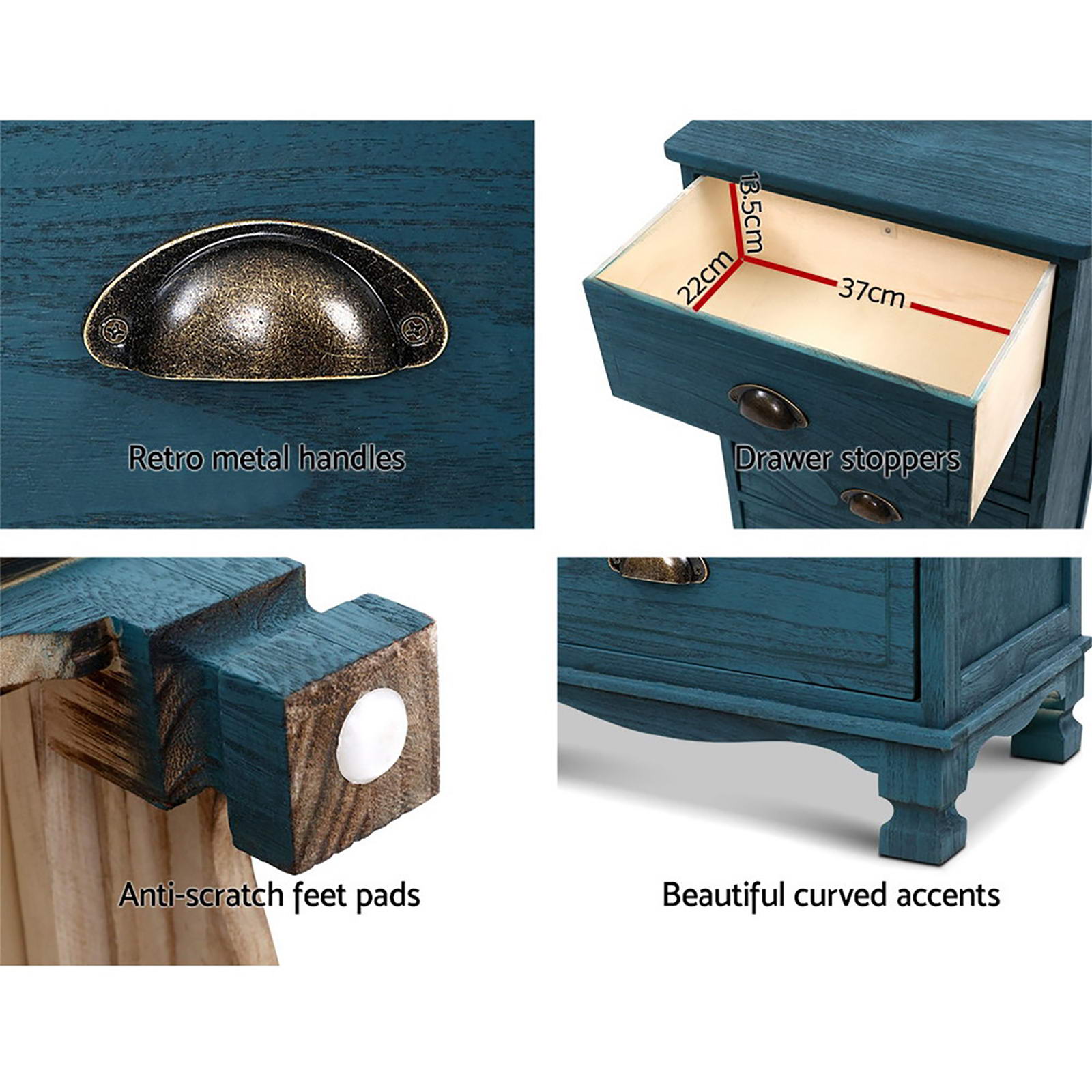 2x Bedside Table 3 Drawers Vintage - THYME Blue