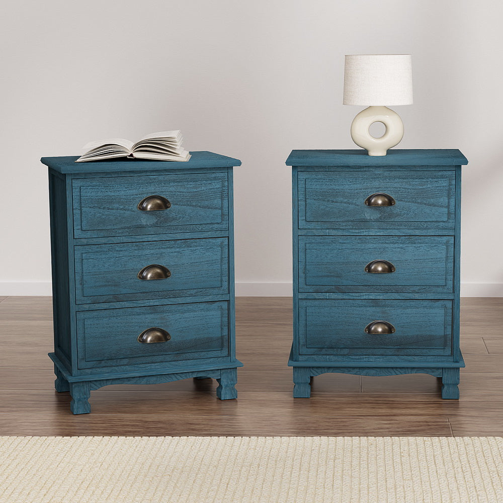 2x Bedside Table 3 Drawers Vintage - THYME Blue
