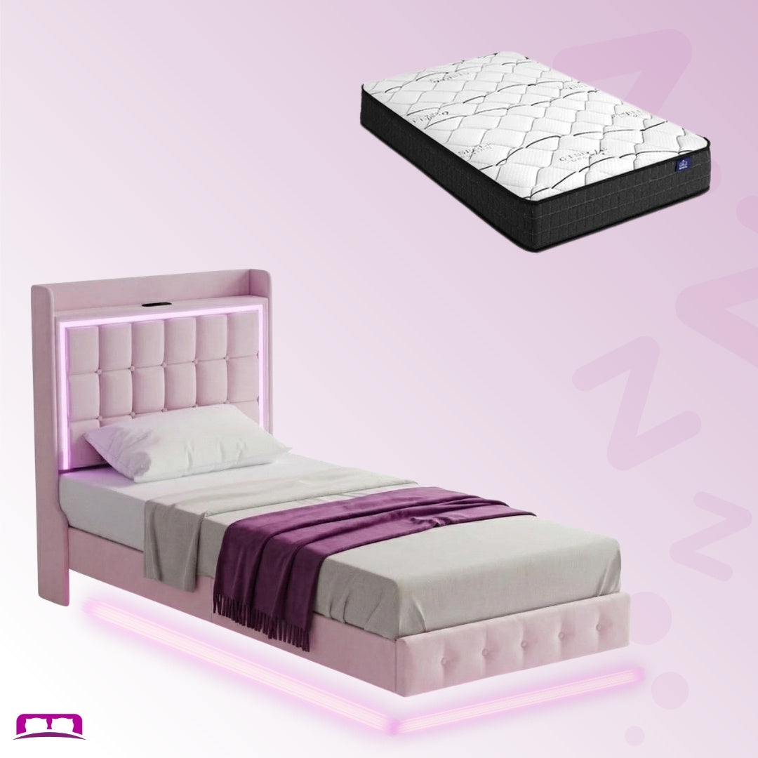 Single Package | Evangeline Floating LED Bed Pink & Glay Bonnell Spring Mattress (Medium Firm)