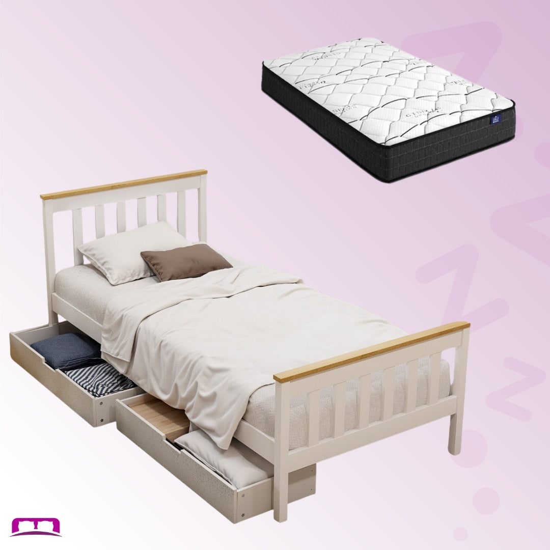 Single Package | Sundale Bed Frame with Storage Drawers White & Glay Bonnell Spring Mattress (Medium Firm)