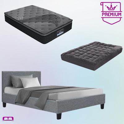 Single Premium Package | Coogee Bed Frame Grey, Alanya Euro Top Pocket Spring Mattress (Medium Firm) & Pillowtop Mattress Topper