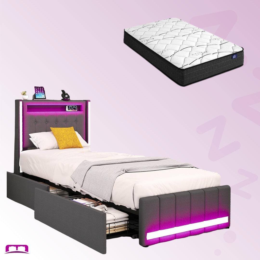 Single Package | Harrison LED Smart Storage Bed Grey & Glay Bonnell Spring Mattress (Medium Firm)