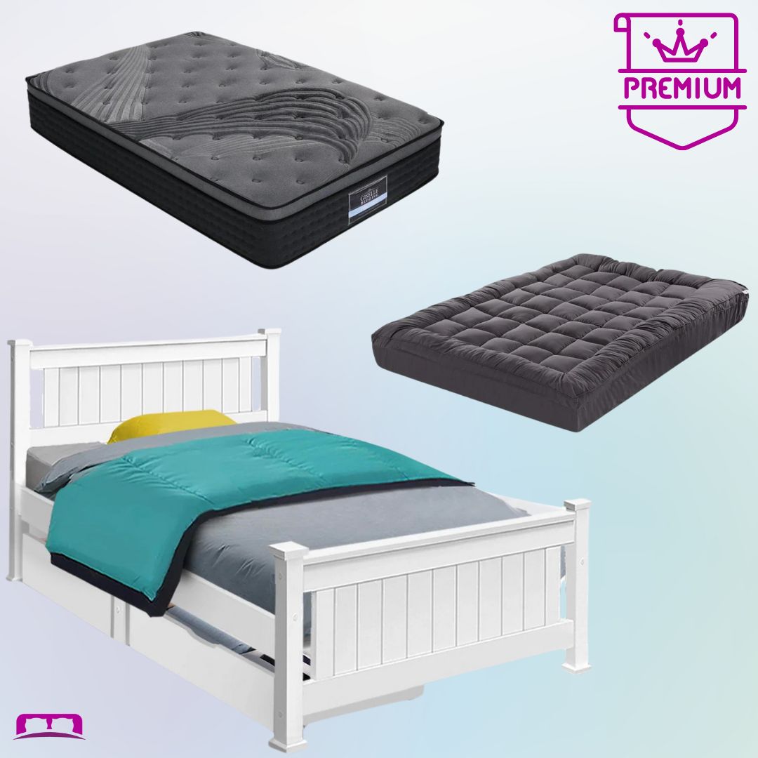 Single Premium Package | Cottesloe Wooden Bed With Two Drawers White, Alanya Euro Top Pocket Spring Mattress (Medium Firm) & Pillowtop Mattress Topper-1
