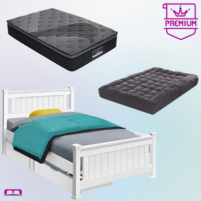 Single Premium Package | Cottesloe Wooden Bed With Two Drawers White, Alanya Euro Top Pocket Spring Mattress (Medium Firm) & Pillowtop Mattress Topper