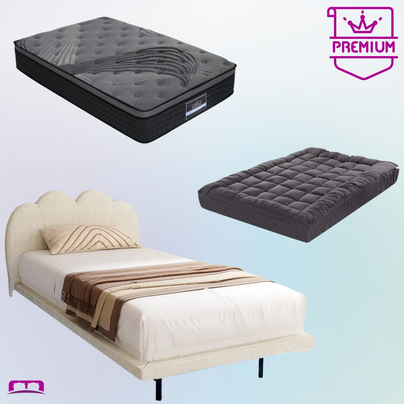 Single Premium Package | Sasa LED Boucle Bed Frame in beige with Alanya Euro Top Pocket Spring Mattress and pillowtop topper