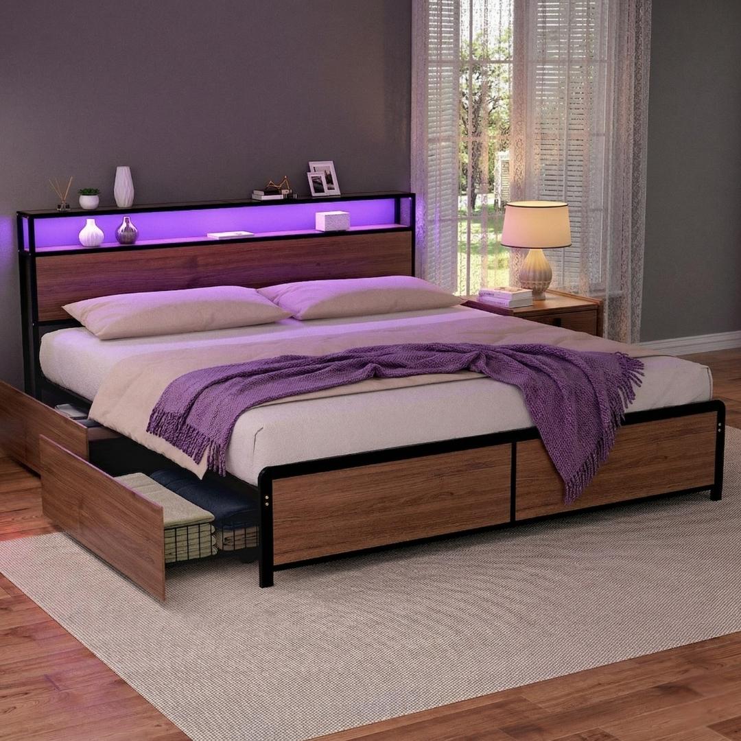 Sky King LED Bed Frame with Storage Drawers & Charging Ports – Black & Brown