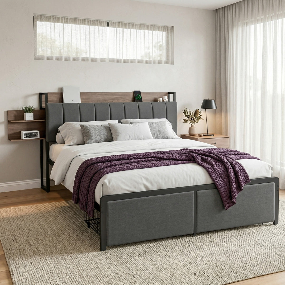 Queen Package | Sotera Upholstered Storage Bed Frame Oak & Grey & Serenity Euro Top Mattress (Medium Firm)