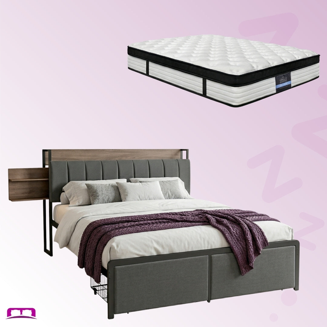 Queen Package | Sotera Upholstered Storage Bed Frame Oak & Grey & Serenity Euro Top Mattress (Medium Firm)