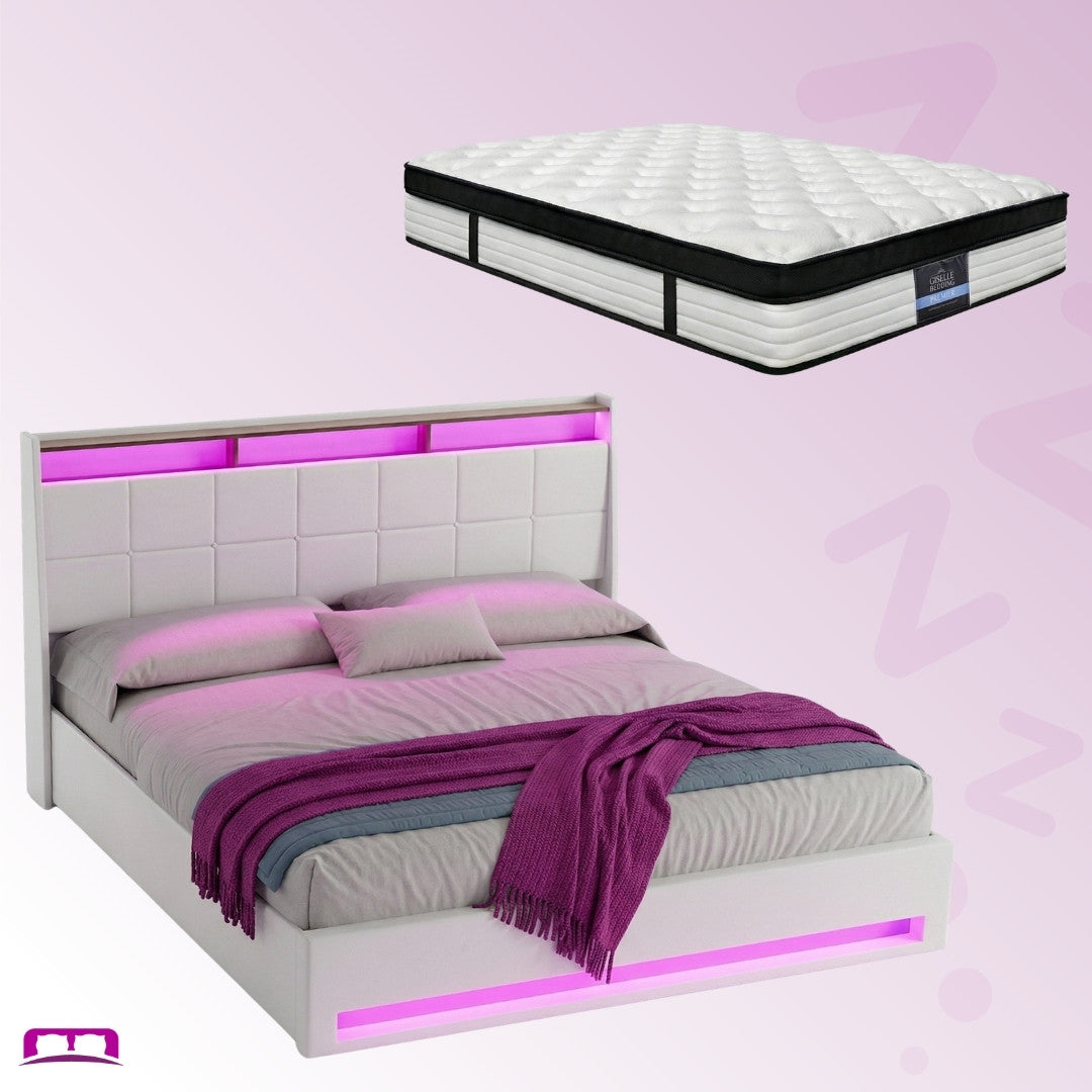 King Package | Sunset Gas Lift LED Bed Frame White & Serenity Euro Top Mattress (Medium Firm)