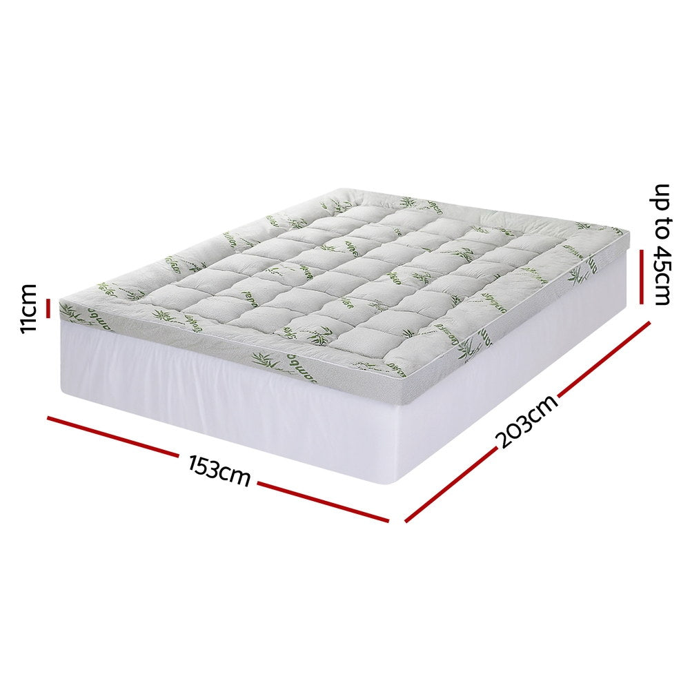 Mattress Topper 11cm Pillowtop toppers Bamboo Queen with quilted surface and textured bamboo fabric on white base