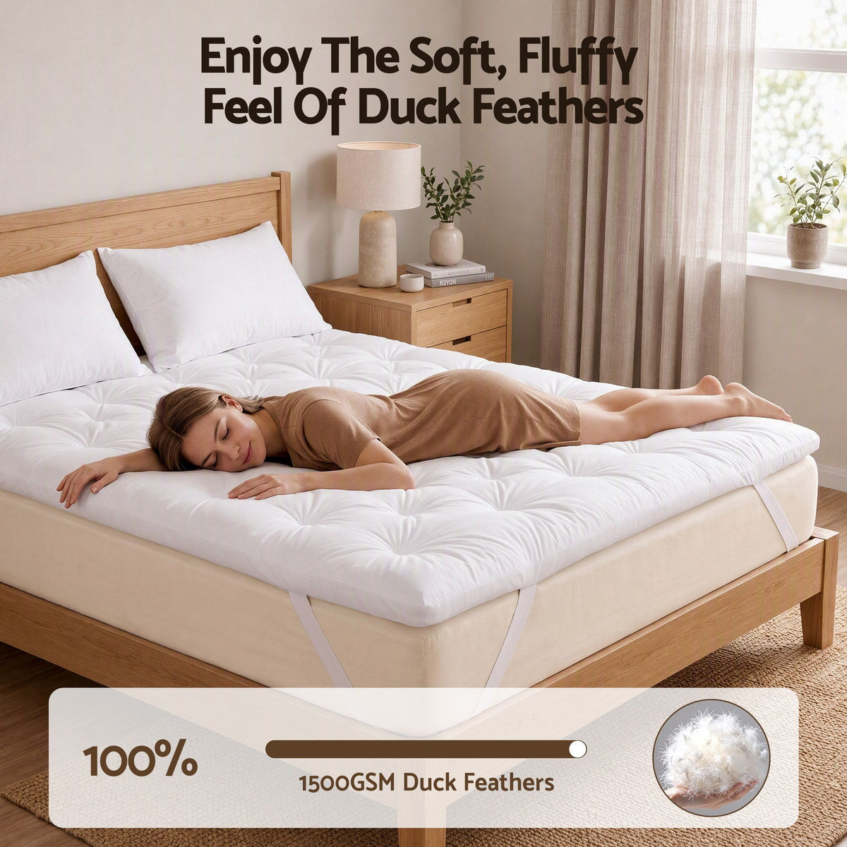 Double Pillow Top Mattress Topper 5cm Thick 1300GSM White Duck Feather - White