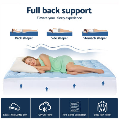 5cm Mattress Topper Pillowtop toppers Double-Sided King showing side sleeper on blue mattress topper with support icons