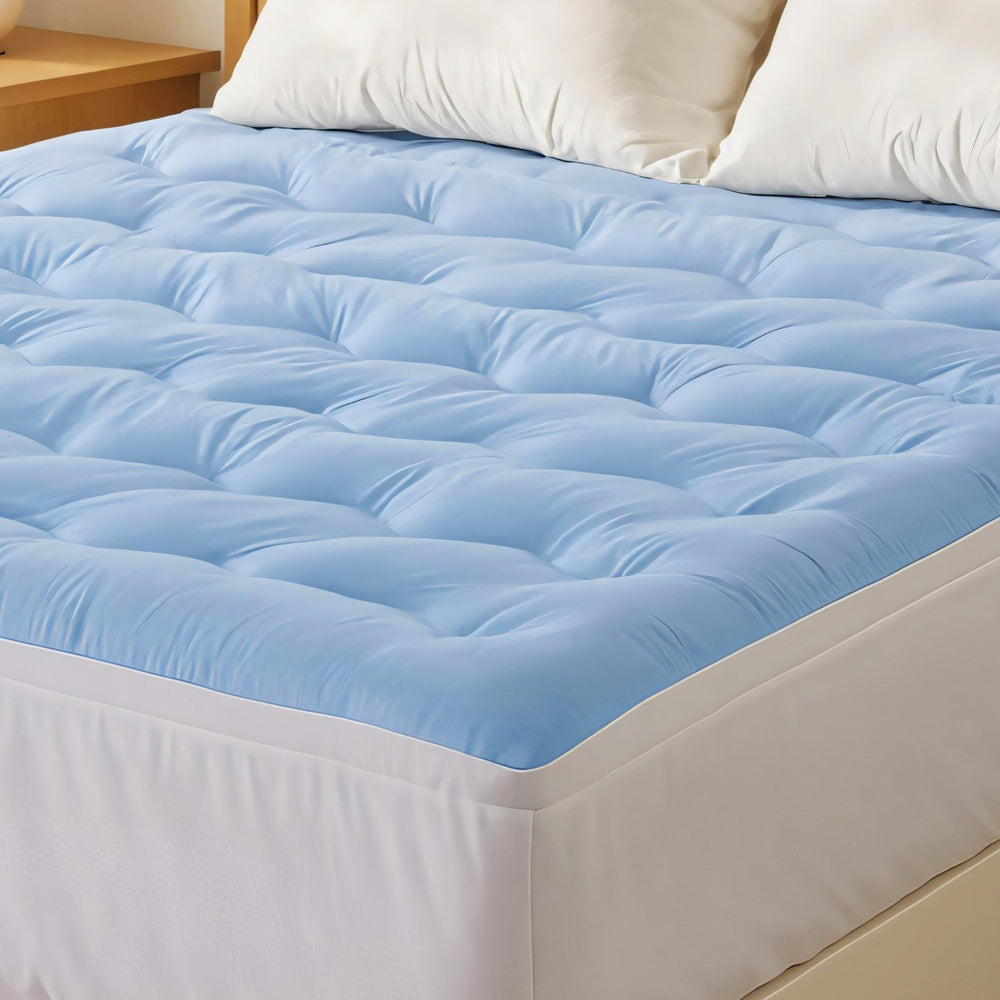 5cm Mattress Topper Pillowtop toppers Double-Sided King in blue with plush tufted surface on white bed in bedroom setting