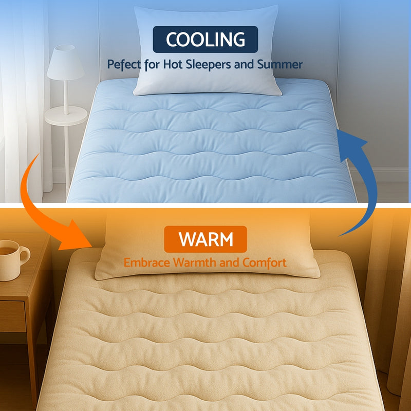 5cm Mattress Topper Pillowtop toppers Double-Sided King Single showing cooling blue side and warm beige side on beds in bedroom setting