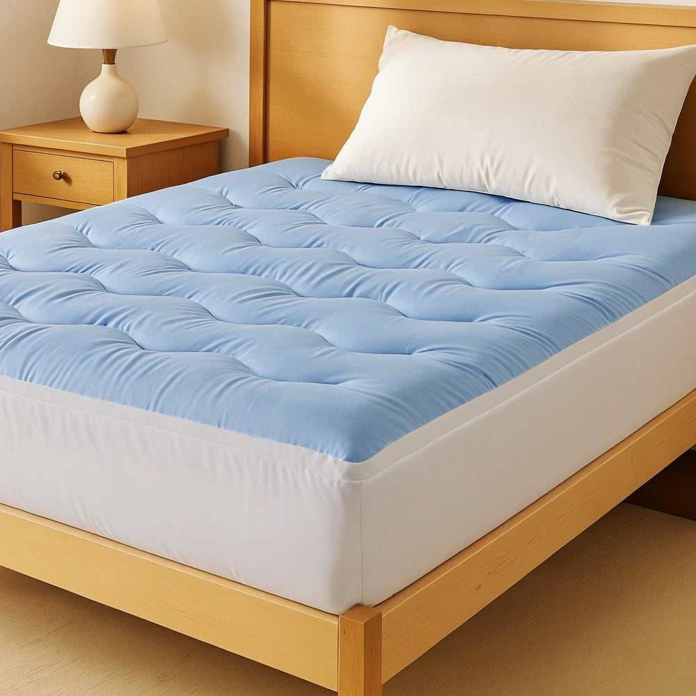 5cm Mattress Topper Pillowtop toppers Double-Sided King Single in blue with quilted surface on wooden bed frame in bedroom setting