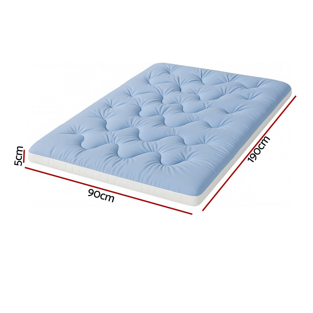 5cm Mattress Topper Pillowtop toppers Double-Sided Single in blue with tufted surface and white base shown with measurements