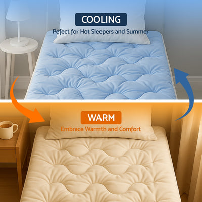 5cm Mattress Topper Pillowtop toppers Double-Sided Single showing cooling blue side and warm beige side on beds