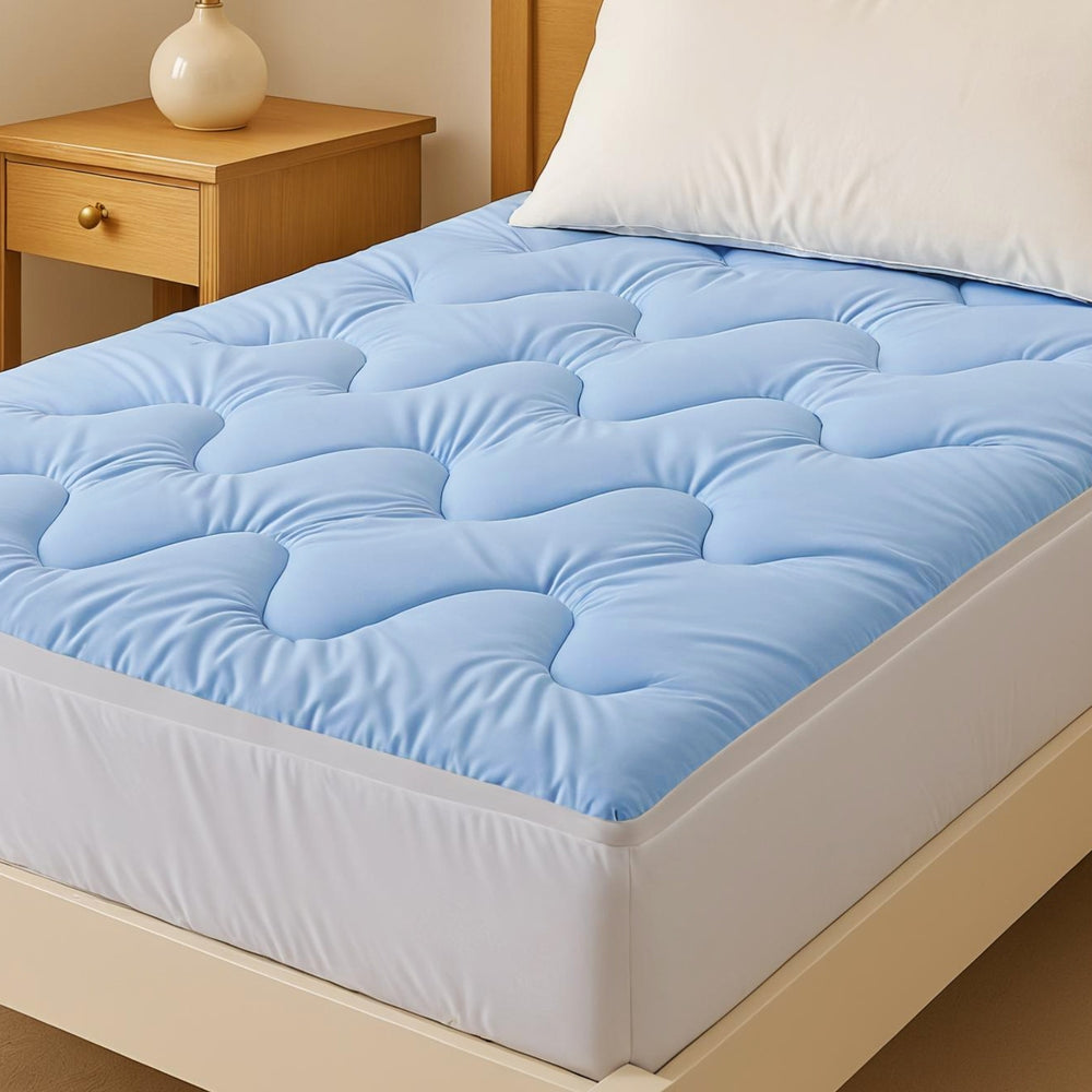 5cm Mattress Topper Pillowtop toppers Double-Sided Single in blue quilted fabric on bed with wooden bedside table