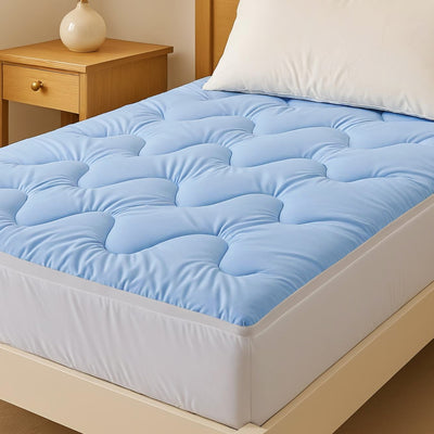 5cm Mattress Topper Pillowtop toppers Double-Sided Single in blue quilted fabric on bed with wooden bedside table