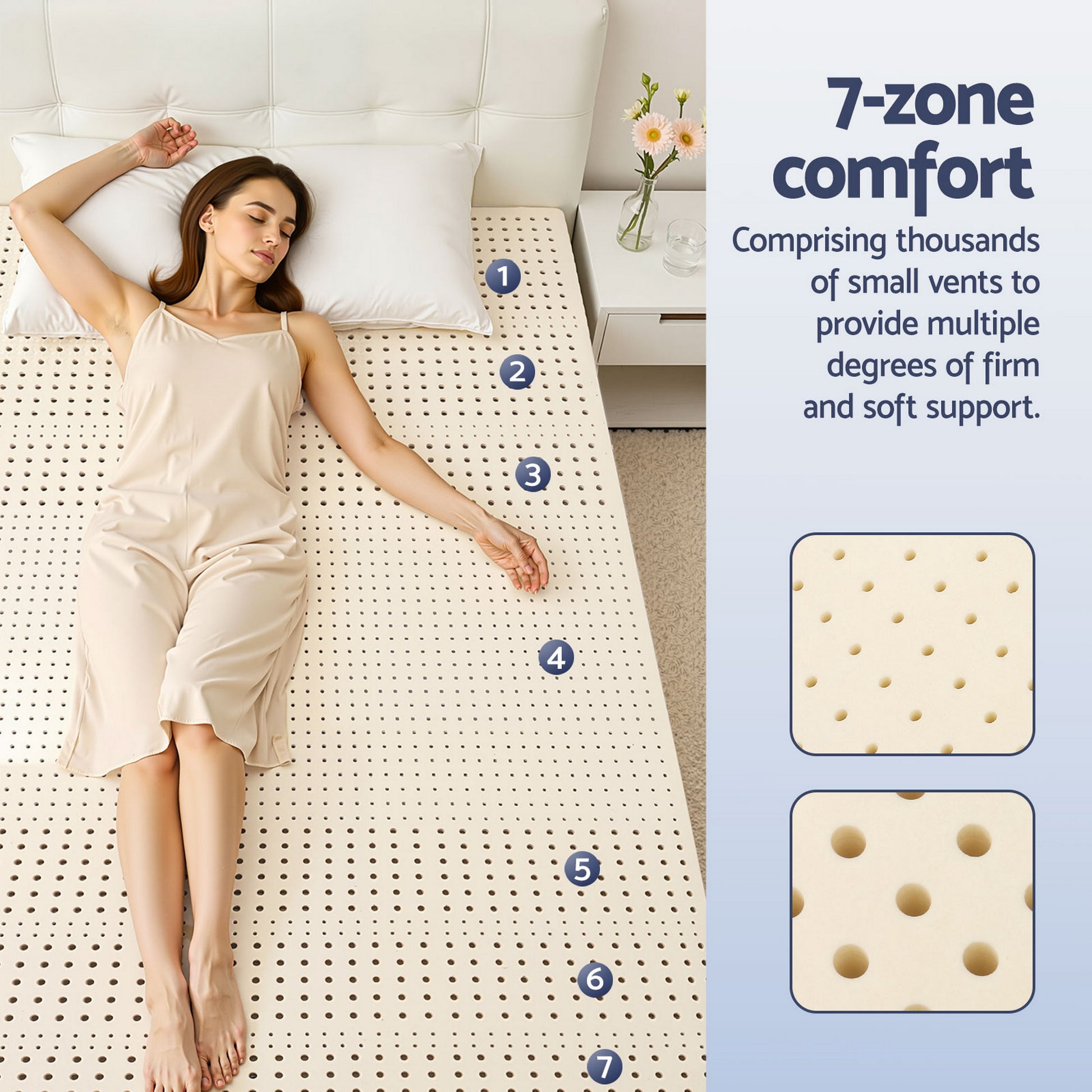 Latex Topper 100% Natural Latex Toppers 7-zone w/ Ice Silk Cool-touch Fabric Cooling Cover Double 5cm with woman lying on mattress