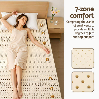 Latex Mattress Topper 5cm King Single with 7-zone comfort and ventilation, woman lying on natural latex topper in bedroom setting