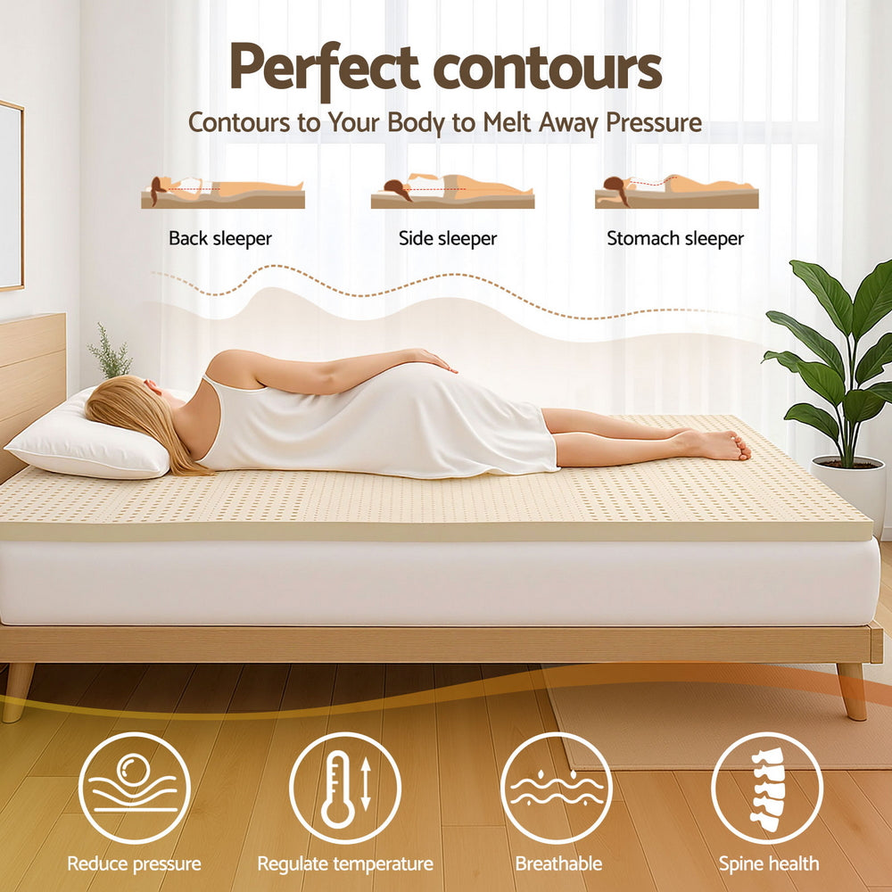 Latex Mattress Topper 5cm King Single showing a woman lying on the topper highlighting pressure relief and body contour benefits