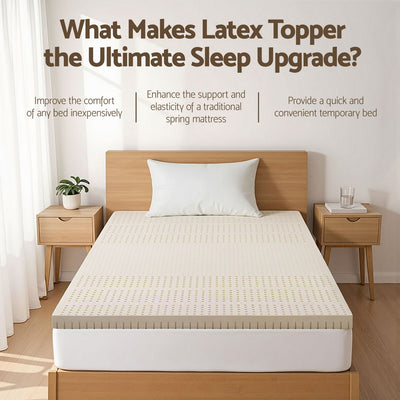 Latex Mattress Topper 7.5cm King Single on wooden bed frame with bedside tables in minimalist bedroom setting
