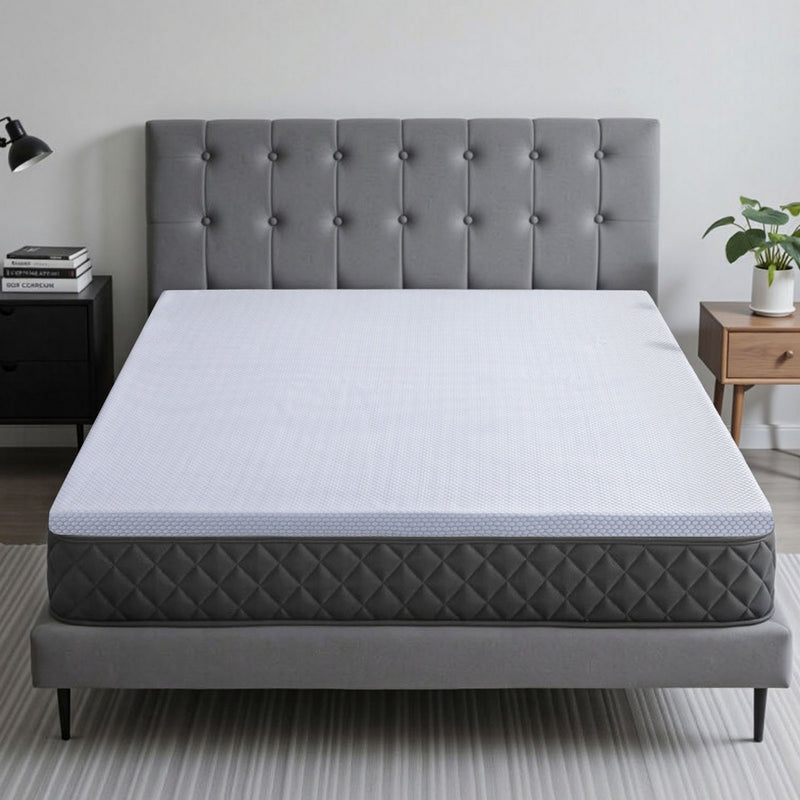 Latex Topper 100% Natural Latex Toppers 7-zone w/ Ice Silk Cool-touch Fabric Cooling Cover Queen 5cm on gray upholstered bed frame