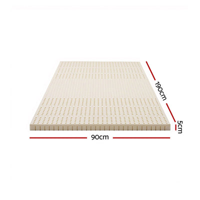 Latex Mattress Topper 5cm Single with natural latex, ventilation holes, and dimensions 90x190 cm for bedroom furniture.