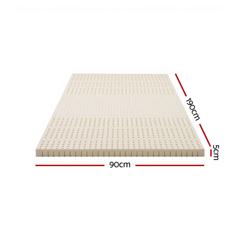 Latex Mattress Topper 5cm Single with natural latex, ventilation holes, and dimensions 90x190 cm for bedroom furniture.