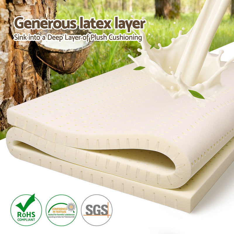 Latex Mattress Topper 5cm Single showing folded natural latex foam layer with splash and certification logos