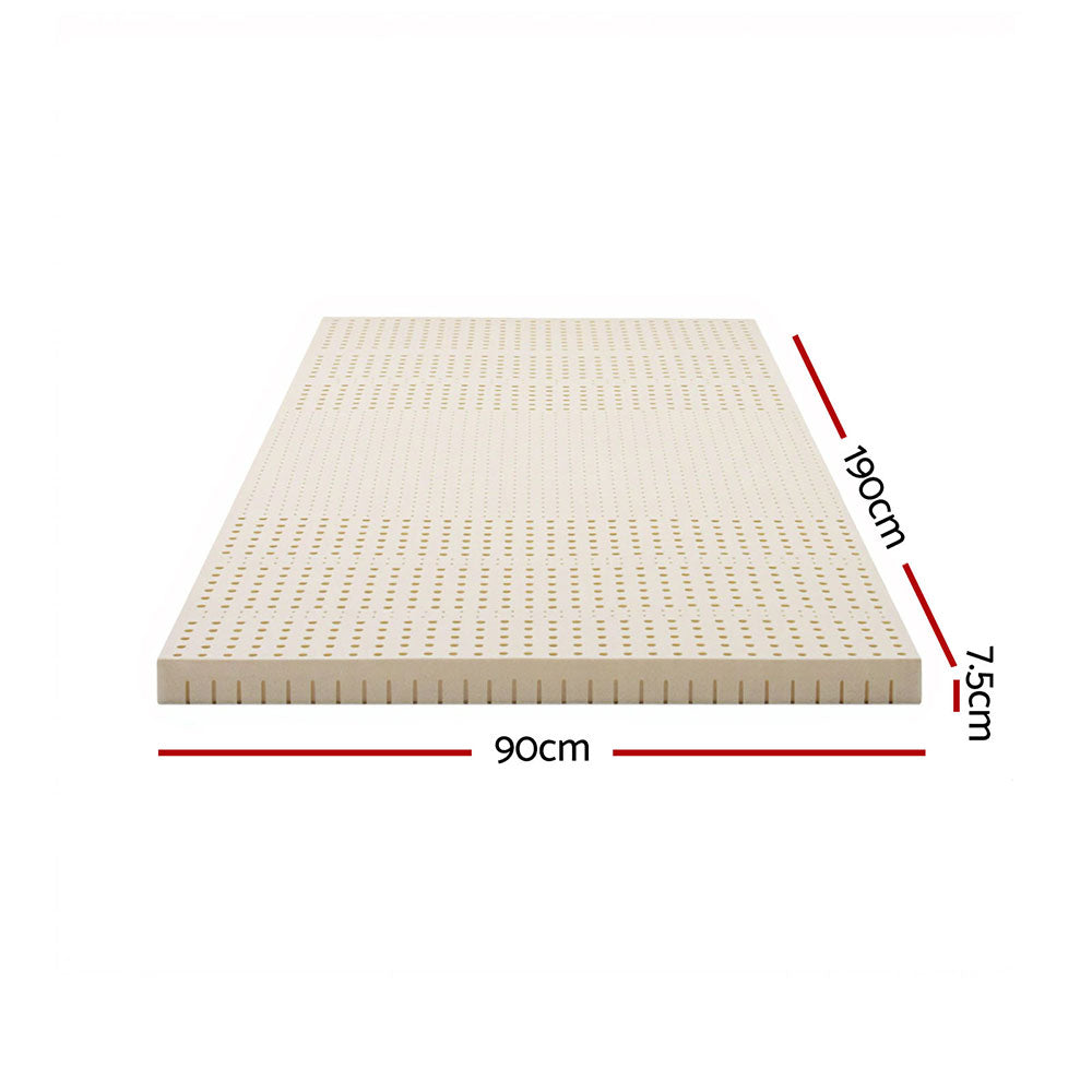 Latex Mattress Topper 7.5cm Single with natural latex material and dimensions 90cm x 190cm x 7.5cm on white background