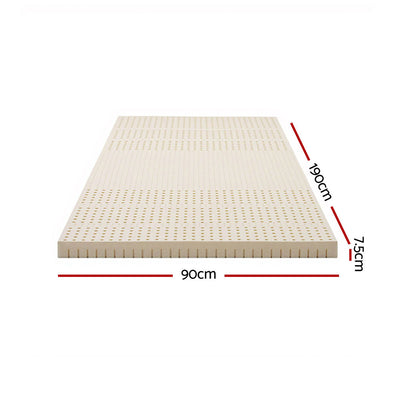 Latex Mattress Topper 7.5cm Single with natural latex material and dimensions 90cm x 190cm x 7.5cm on white background