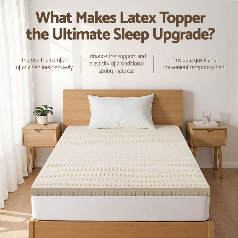 Latex Mattress Topper 7.5cm Single laid on bed with wooden frame and matching bedside tables in bedroom setting