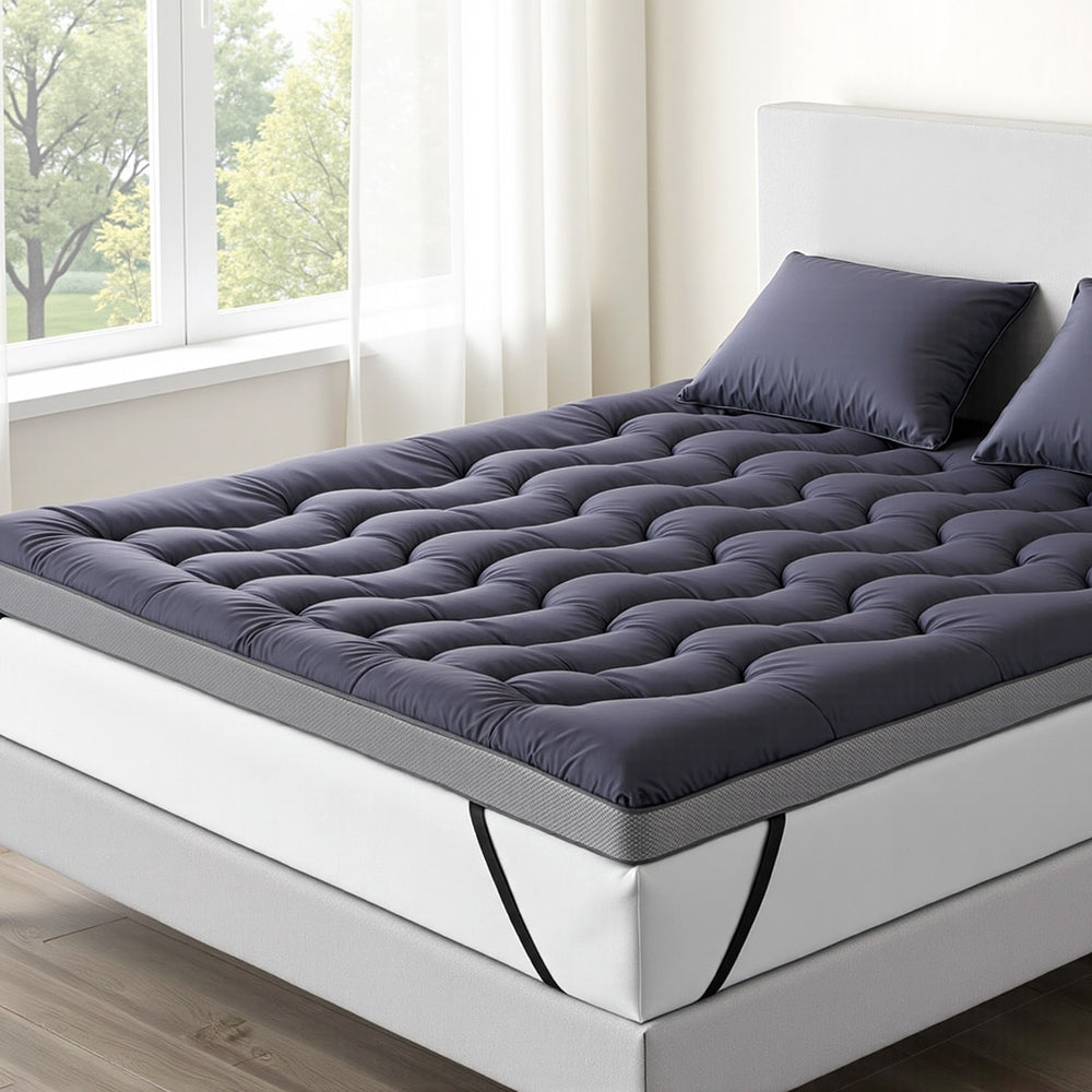 5cm Mattress Topper Pillowtop toppers Bamboo Charcoal King with quilted surface on white bed frame in bright bedroom