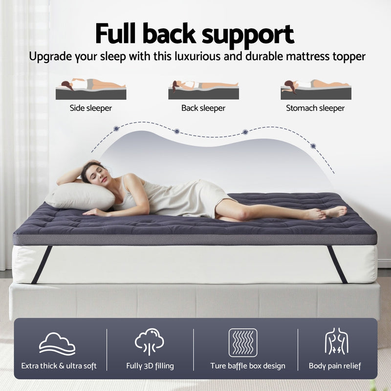 Woman lying on 5cm Mattress Topper Pillowtop toppers Bamboo Charcoal Queen showing full back support and comfort features
