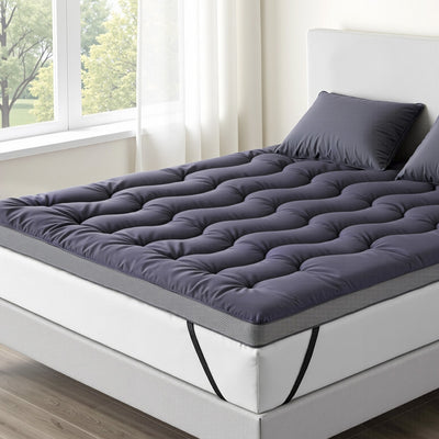 5cm Mattress Topper Pillowtop toppers Bamboo Charcoal Queen in charcoal gray with quilted wave pattern on white bed frame