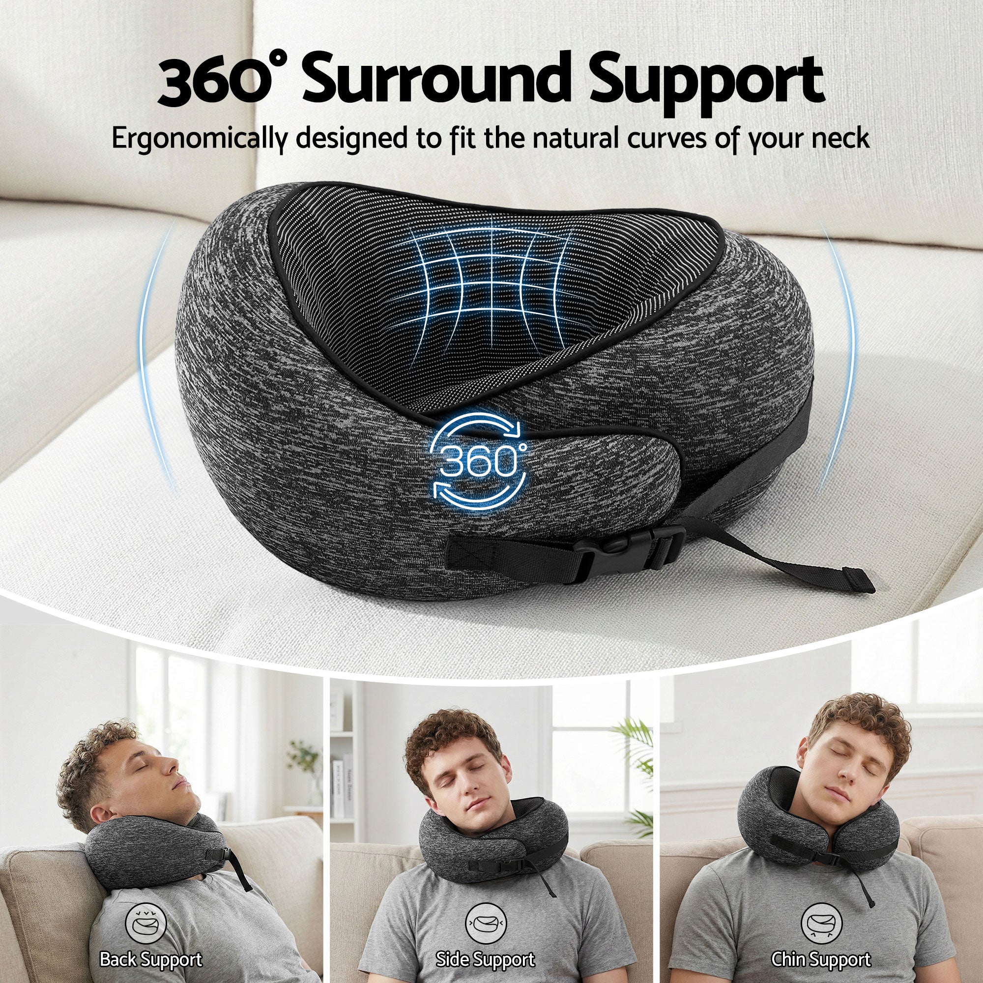 Memory Foam Travel Pillow with Storage Bag - Dark Grey