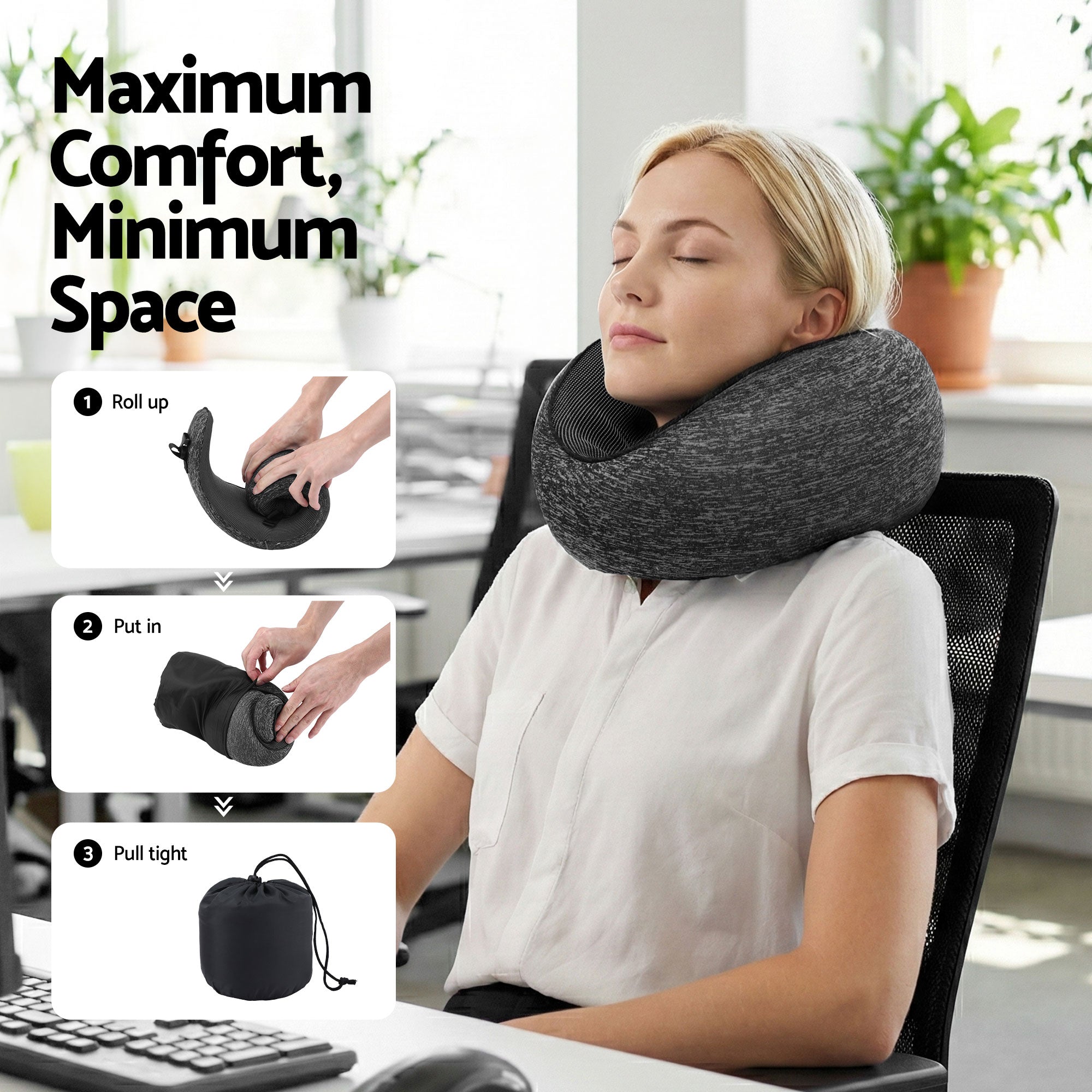 Memory Foam Travel Pillow with Storage Bag - Dark Grey