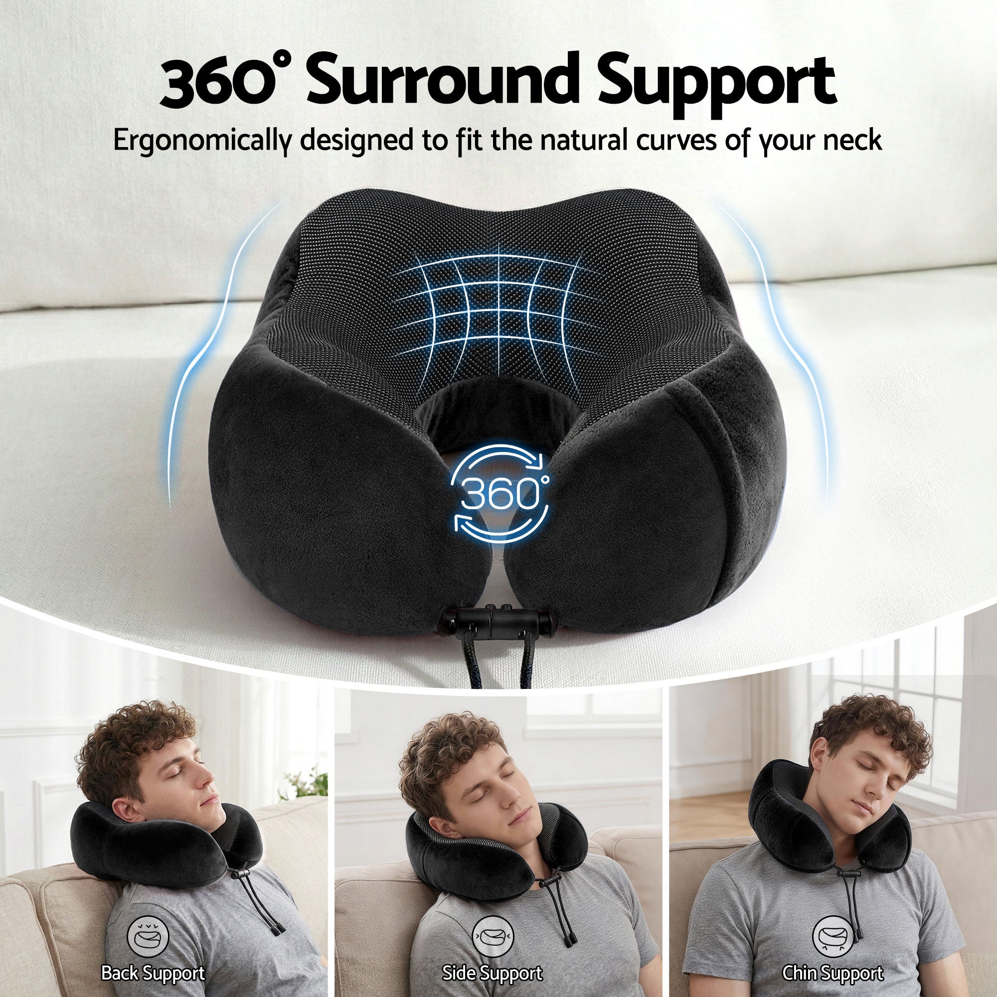 Memory Foam Travel Pillow with Storage Bag - Black