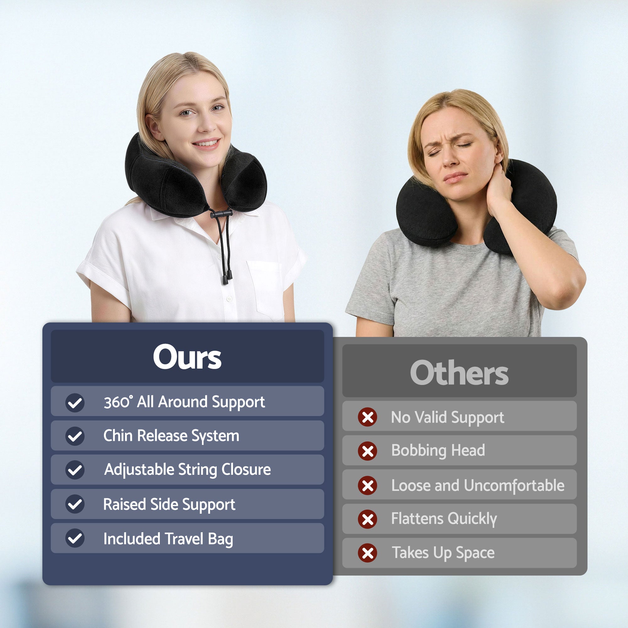 Memory Foam Travel Pillow with Storage Bag - Black