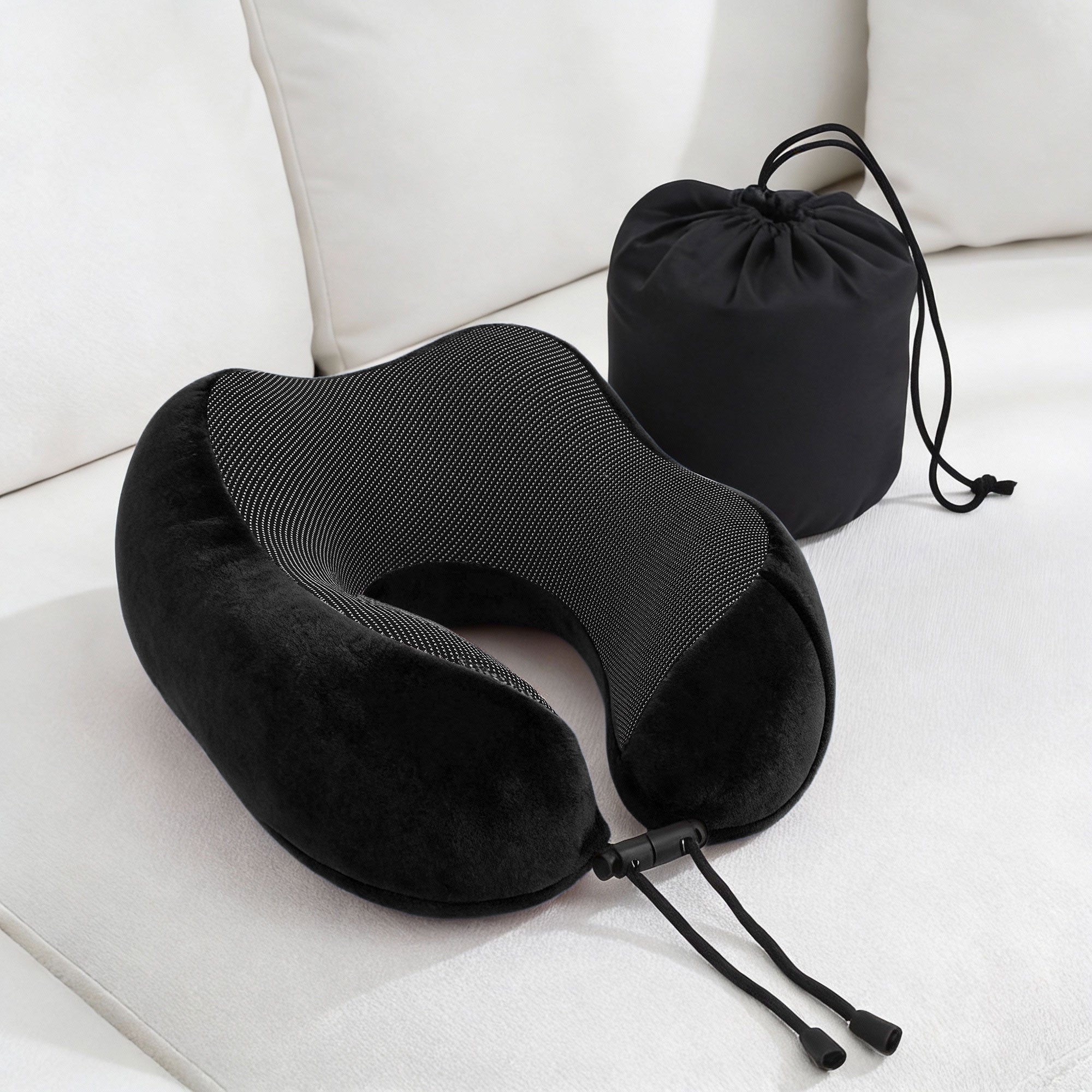 Memory Foam Travel Pillow with Storage Bag - Black